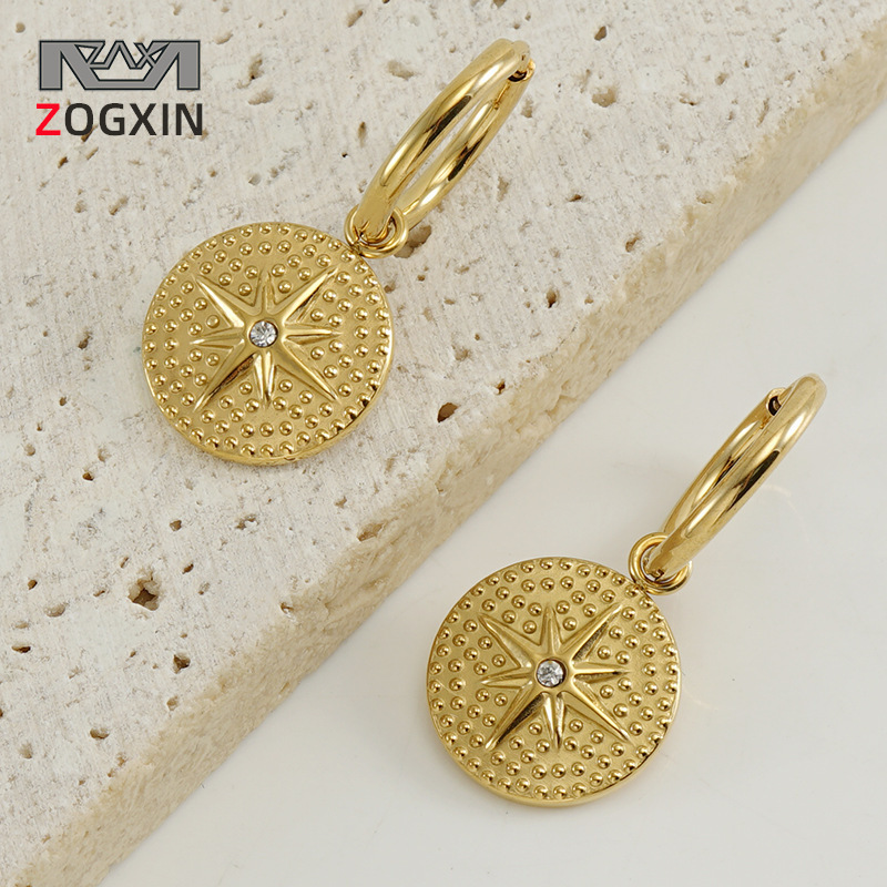 Cruz-frontera europea y americana de acero inoxidable ocho Awn Estrella diamante pendientes mujer 18K oro titanio acero pendientes de moda femenina al por mayor