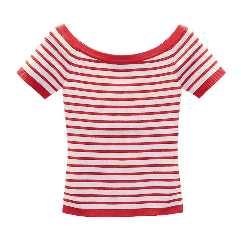 French m Brand 2026 Spring and Summer New Striped Knitwear Women's Wide-Neck Slim-Fitting Short Ribbed T-Shirt