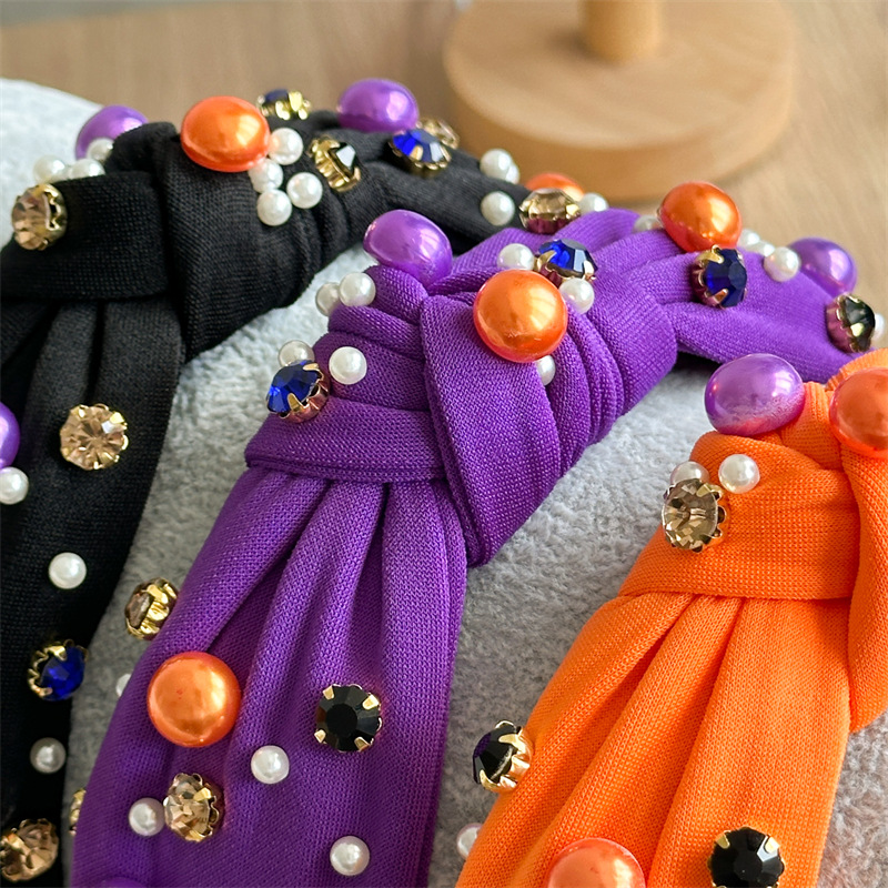 Halloween karnevalska traka za glavu s bisernim dijamantom, dodaci za kosu, ženska jednostavna tkanina, čvoranasta, visoka, široka traka za glavu s gornjim dijelom lubanje_voghion.com