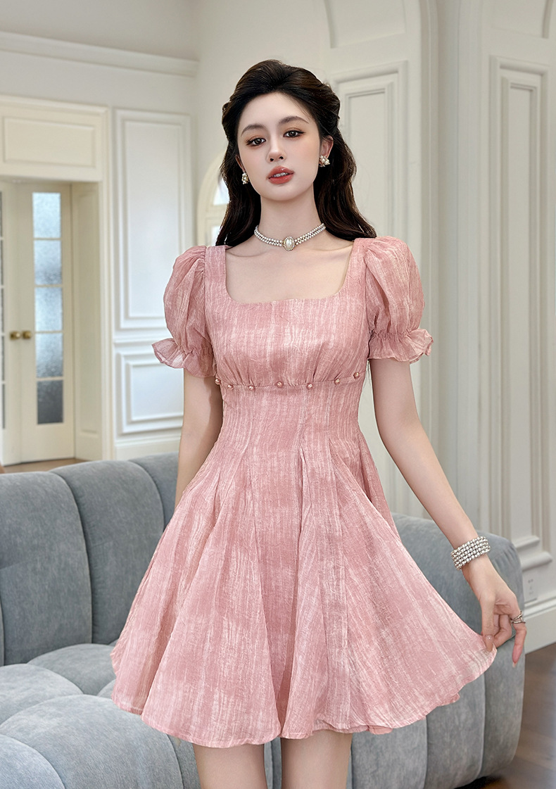 Váy chữ A tay phồng phong cách Pháp thắt eo mùa hè — hồng chi tiết 4
