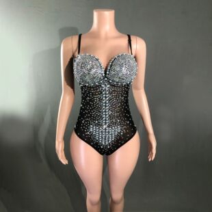 Bikini Hot Diamond Mesh Jumpsuit Sexy Foreign Trade European and American Cross-Border Female Singer Triangle High-Cut Stage Performance Clothing