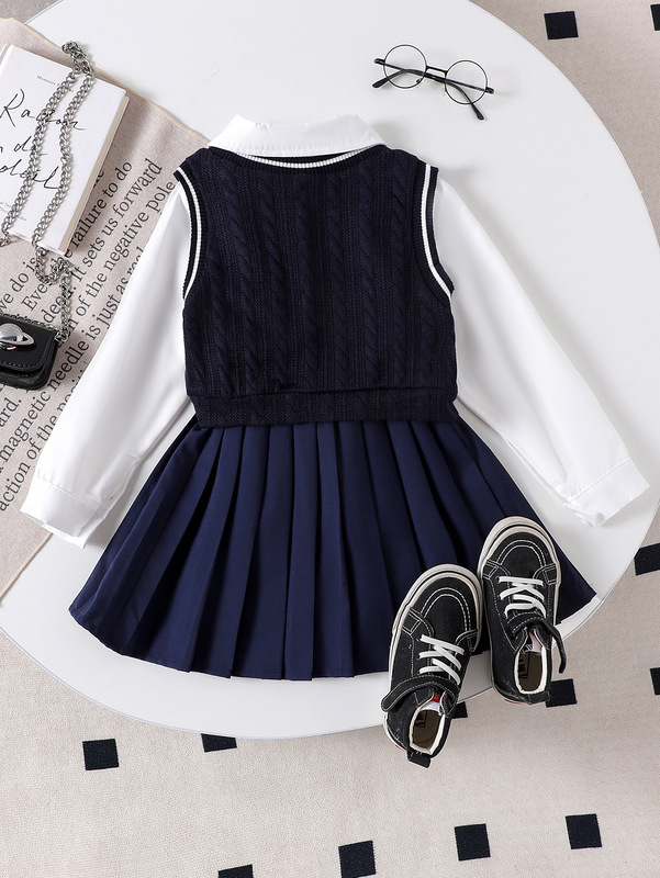 Kids clothing 跨境外贸秋冬新款小童白色衬衫+蓝色马甲+百褶短裙|undefined