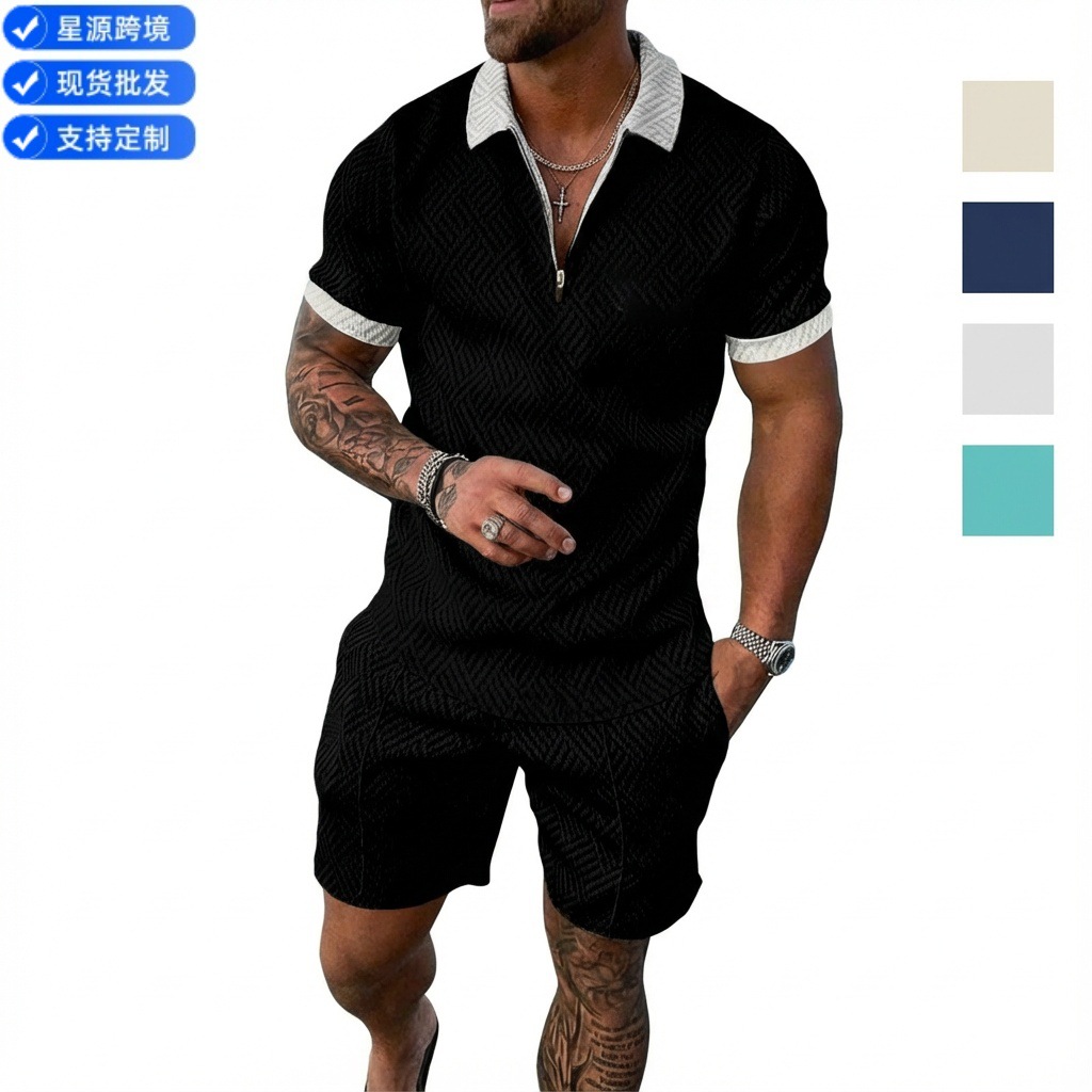 Foreign Trade 2022 Summer European and American Amazon Short-Sleeved Shorts Two-Piece Set Sports Casual Men's Suit Casual and Versatile