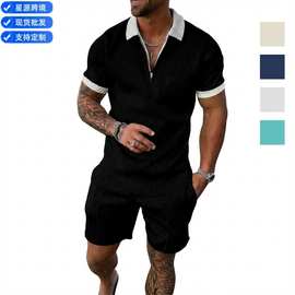 外贸2022夏季欧美亚马逊短袖短裤两件套运动休闲男士套装休闲百搭