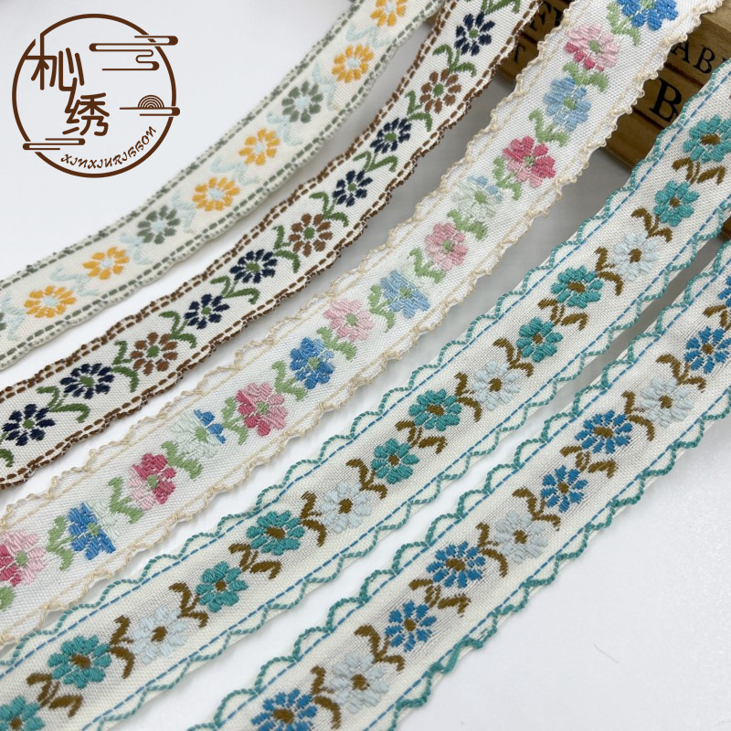 现货批发饰品配件diy微立体刺绣田园小花2cm耳朵棉质民族提花织带