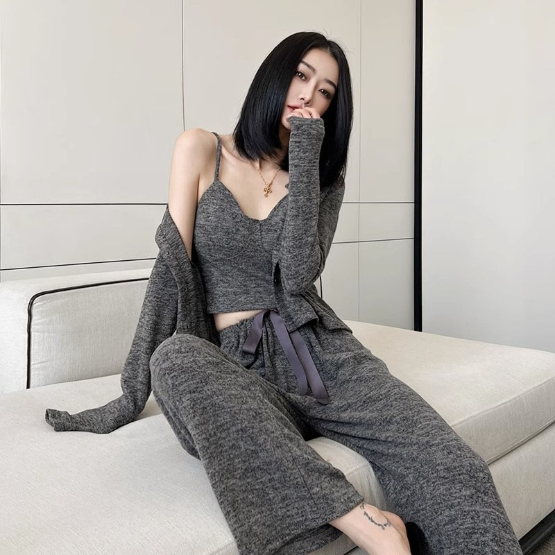 Pijamas de manga larga de las mujeres pantalones de suspensión conjunto de tres piezas con almohadilla en el pecho puro deseo estilo coreano dulce floral ropa para el hogar primavera y otoño