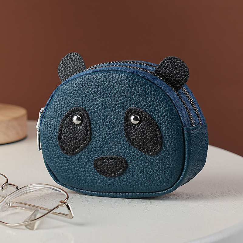 Cute panda pequeño bolso de cambio de cuero suave doble cremallera cabeza de monedas de cuero suave multifunción bolso de llaves para mujeres