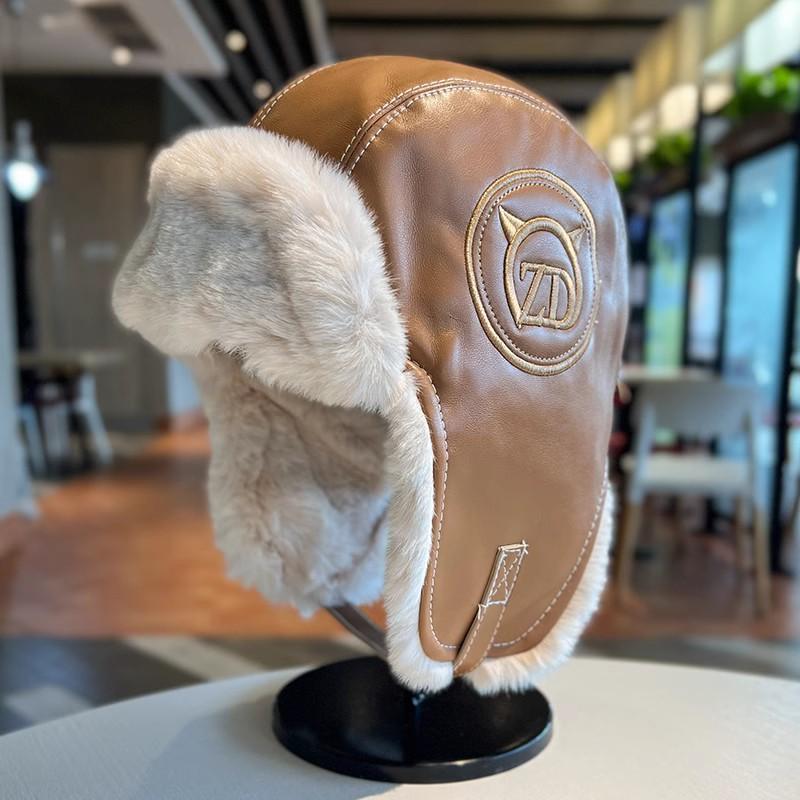 Pilot Hat Women's Warm Pu Leather Plush Ear Protection Skiing Cap_voghion.com