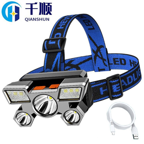 Five-head headlight, strong light and super bright rechargeable fishing light, long-range super bright head-mounted LED miner's lamp flashlight 889