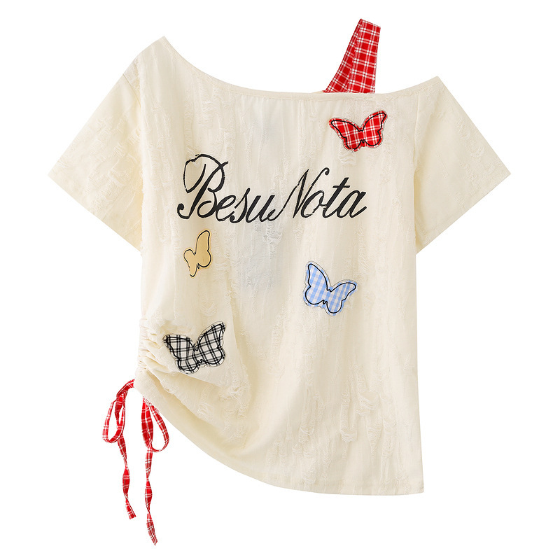 Clothing Men's Vintage Butterfly Sticker Shoulder Short-sleeved T-shirt Women's Summer Irregular Hole Drawstring Short Korean Style