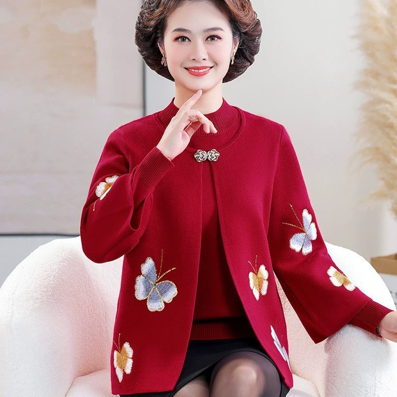 Мама зимний свитер пальто счастливая свекровь пожилых женщин Свадебное банкетное платье среднего и пожилого возраста осень-зима вязаный костюм из двух частей