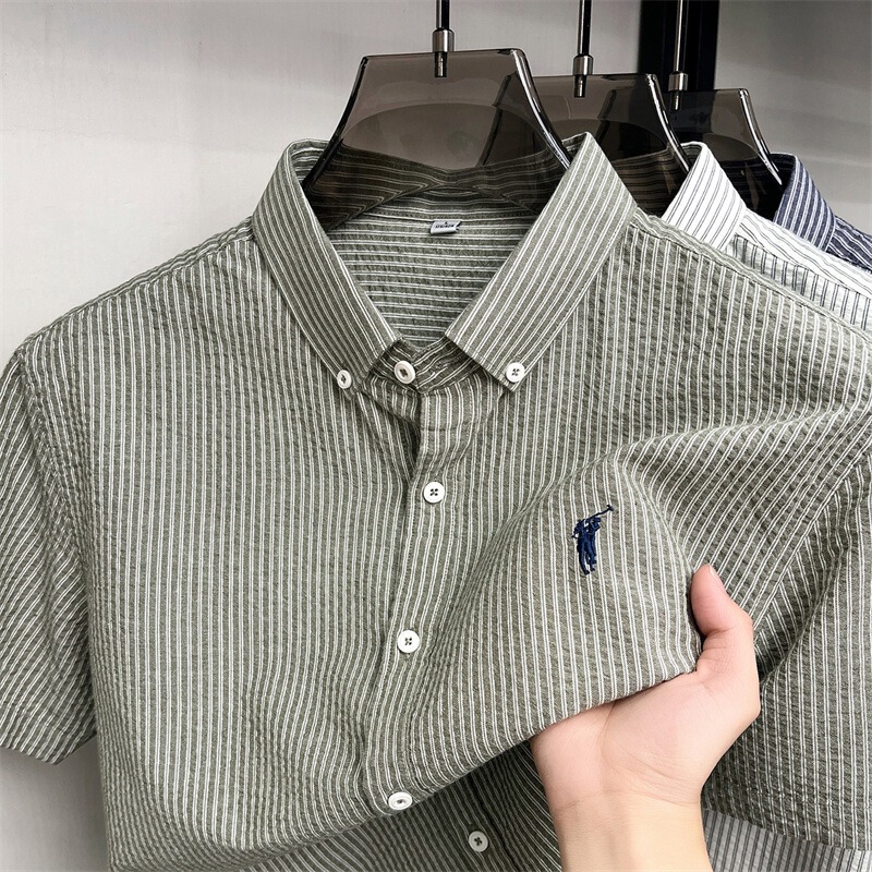 Exquisitely Embroidered Pure Cotton Shirt for Men, Summer Striped Short-Sleeved Cardigan with Lapel, Thin, Sweat-Absorbent and Breathable Men's Shirt