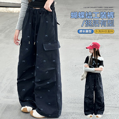 秋季女童工装裤春秋新童装儿童女孩蝴蝶结大口袋休闲裤子宽松跨境