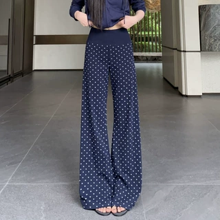 韩系显瘦藏蓝色波点微喇裤女宽松垂感休闲裤秋季新款长裤一件代发