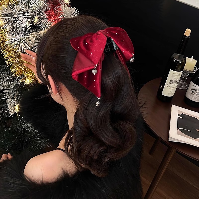 Velvet Starry Sky Hair Clip Ponytail Clip High-End Autumn/Winter New Chinese Style Pendant Red Bow Hair Accessory Hairpin for Women