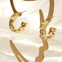 欧美时尚18K铜镀金锆石C形耳钉女士个性复古几何方钻小众耳饰批发