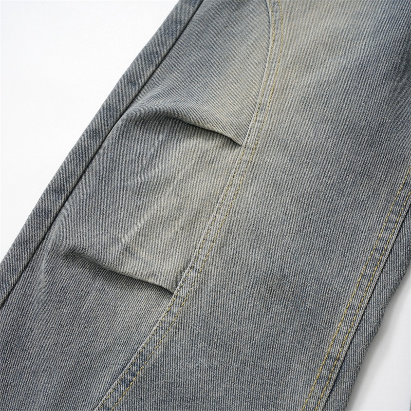 Men's Retro Patchwork Curved Blade Jeans mid Waist Loose Straight Leg Slightly Flared Pants Autumn/Winter American Style Blue_mkmklike.com