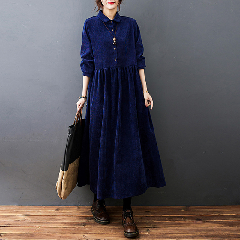 2025 Autumn New Style Artistic Women's Clothing Plus Size Casual Warm Corduroy Turn-Down Collar Long Flared Dress for Women