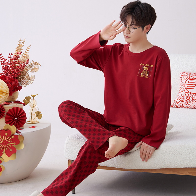 Venta al por mayor de primavera y otoño pijamas de algodón puro de los hombres de la boda jersey rojo más tamaño casual ropa de abrigo ropa de casa de dos piezas conjunto