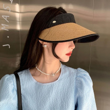 品质！设计师黑胶防晒遮阳帽夏季透气空顶帽日本防紫外线拼接草帽