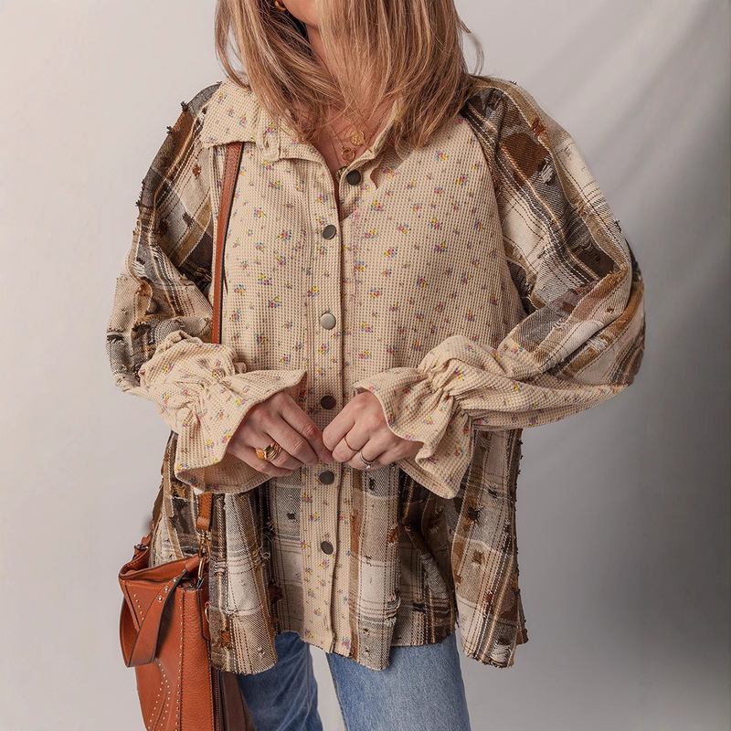 2025 New Autum Single-Row Multi-Button Jacket for Women European and American Bohemian Style Printed Lotus Leaf Sleeve Jacket for Women