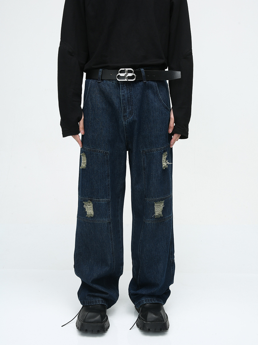 Mtlclothes ropa de Hombre | 2023 otoño nuevo americano retro High Street ripped costura diseño jeans