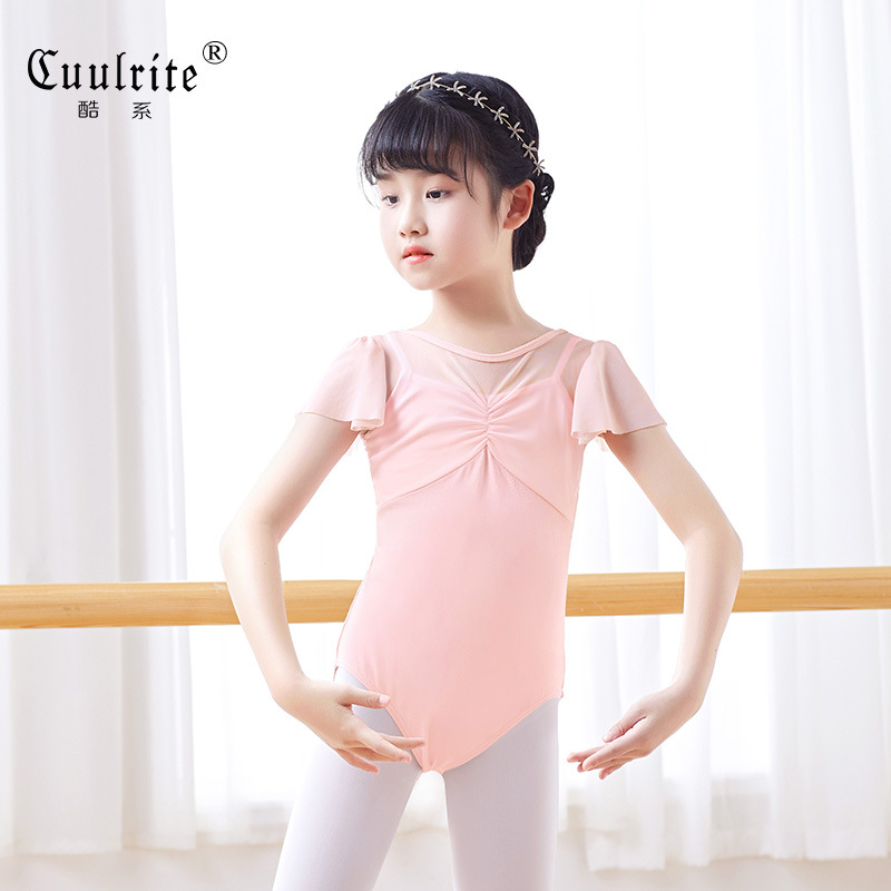 工廠直銷兒童舞蹈服裝芭蕾舞練功服抽褶拼網假兩件連體服中國舞服