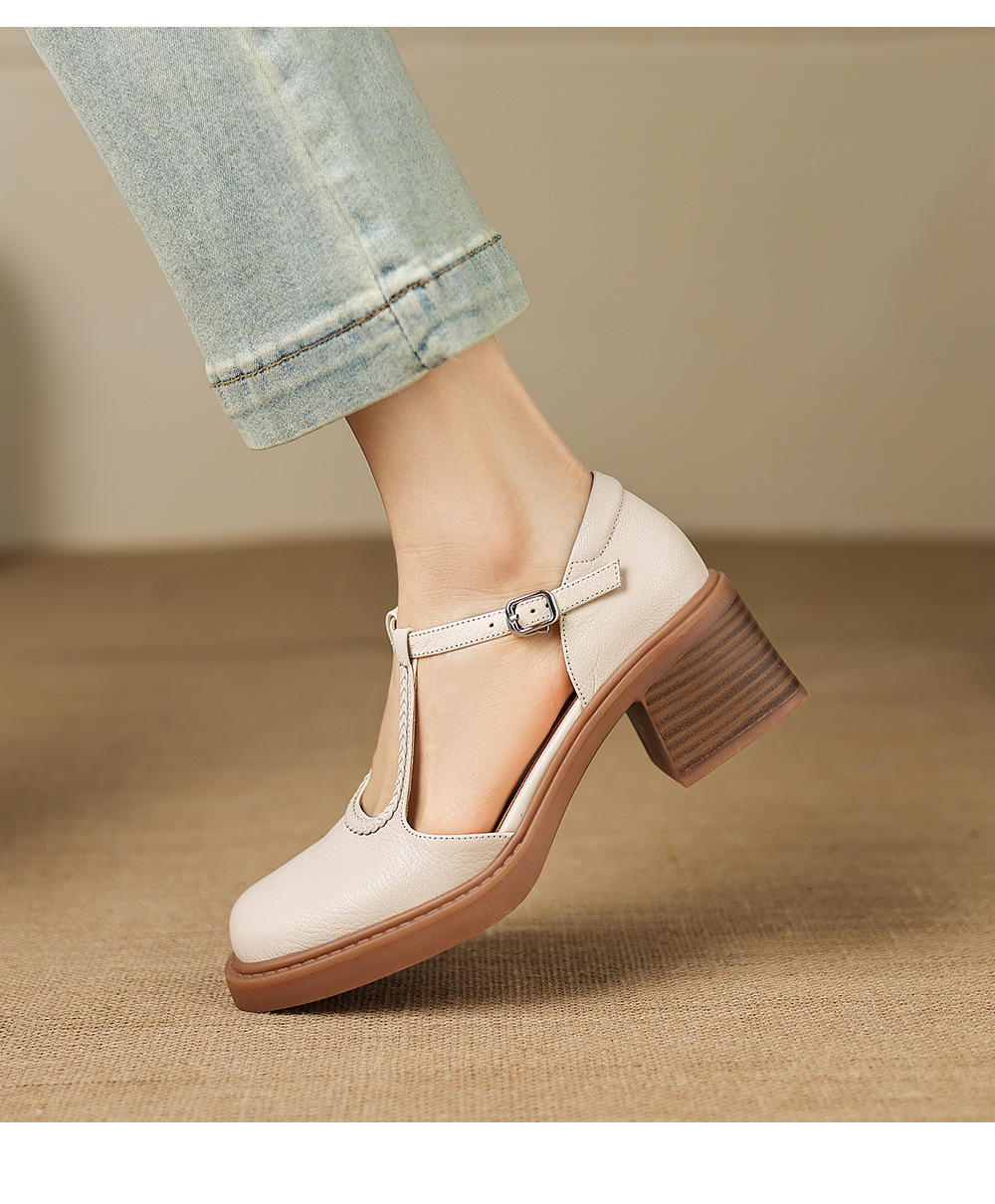 Sandal cao gót nữ mũi vuông quai chữ T đế dày — màu trắng ngà chi tiết 18