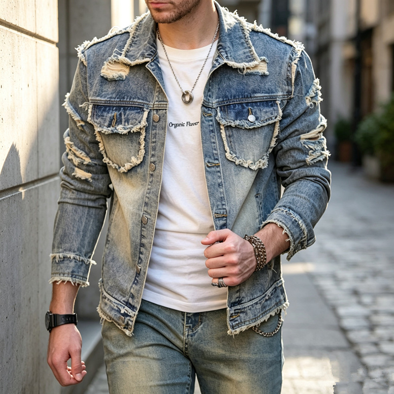 Cross-border European and American men's denim jacket with holes, trendy high street casual loose fit with pockets and frayed edges, foreign trade