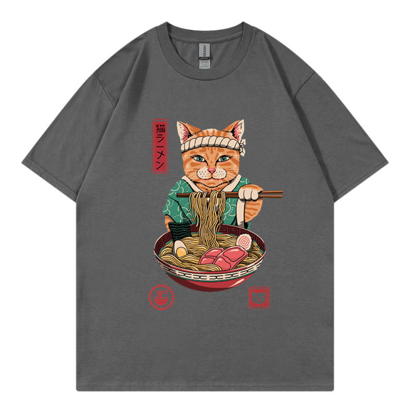 New Zhuoli station Kung Fu cat eating noodles printed t-shirt men's and women's Casual Short Sleeve round neck top_voghion.com