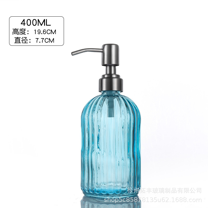 400ml; botella azul claro + cabeza de bomba de acero inoxidable grande; vidrio