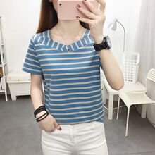 韩版纯棉条纹V领短袖T恤2025年夏季新款中年女士百搭显瘦漂亮小衫