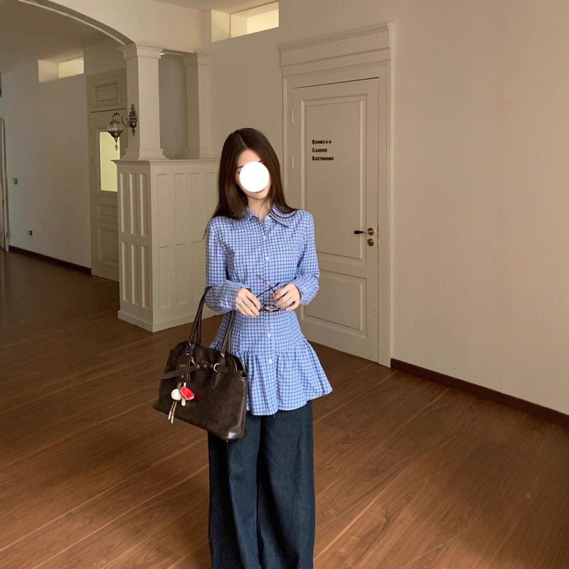 学院风套装女早秋新款针织马甲背心叠穿修身格子长袖衬衫两件套潮|undefined