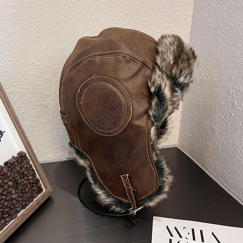 South Korea Hat Men's Autumn and Winter Lei Feng Hat Imitation Leather Outdoor Windproof Riding Hat Women's Ear Protection Warm Pilot Hat