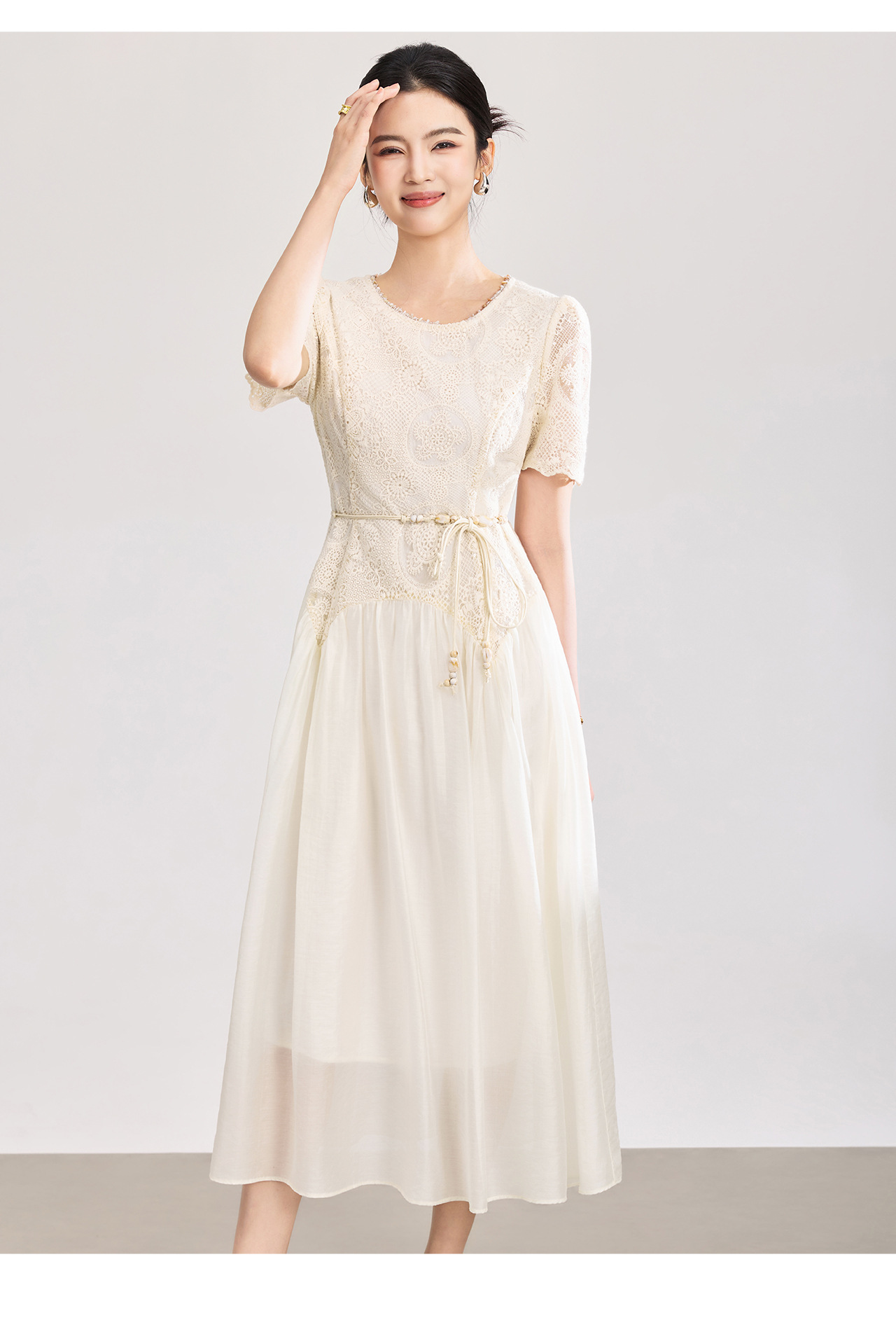 Đầm nữ tay ngắn thêu sequin cotton, thắt lưng eo phong cách Pháp — màu mơ chi tiết 14