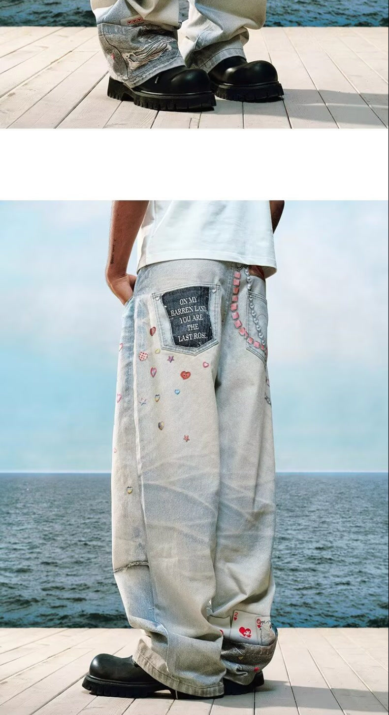 Heavy Duty Embroidered Straight Leg Jeans High Waisted Loose Wide Leg Trousers For Men And Women Spring Autumn New Style_mkmklike.com