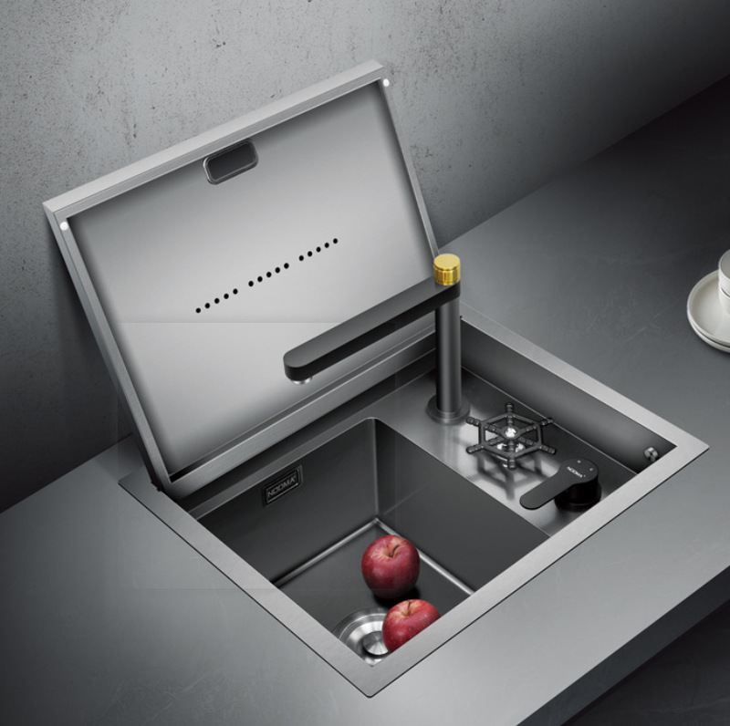 Kitchen Bar Counter Nano Handmade Sink with Damping Flip-Top Hidden Cup Washer Paired with Lift-Up Faucet Nm259