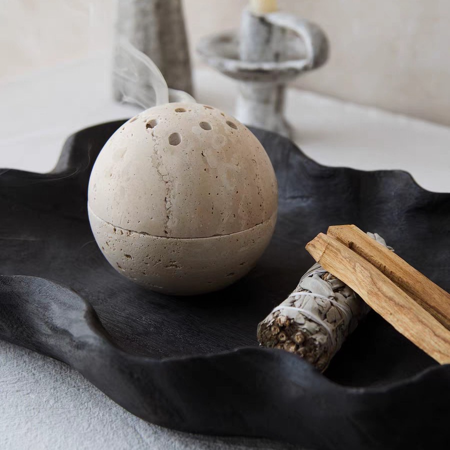 侘寂风天然洞石香薰炉檀香香插摆件燃烧烟熏盘装饰品香炉