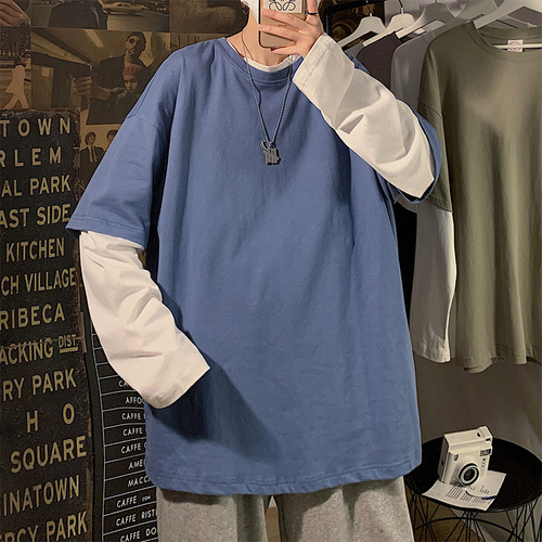 Men's Pure Color Long-Sleeve T-Shirt Top, Casual Two-Piece Blouse, Spring and Autumn Season Trendy Loose Fit Underwear Fashion, Instagram Style Body Shirt