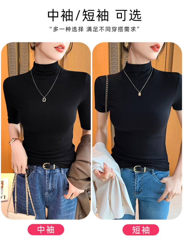 モーダル半袖 Tシャツレディースハーフタートルネックボトリングシャツ 2025 夏の新ファッション多用途黒スリムトップ|undefined