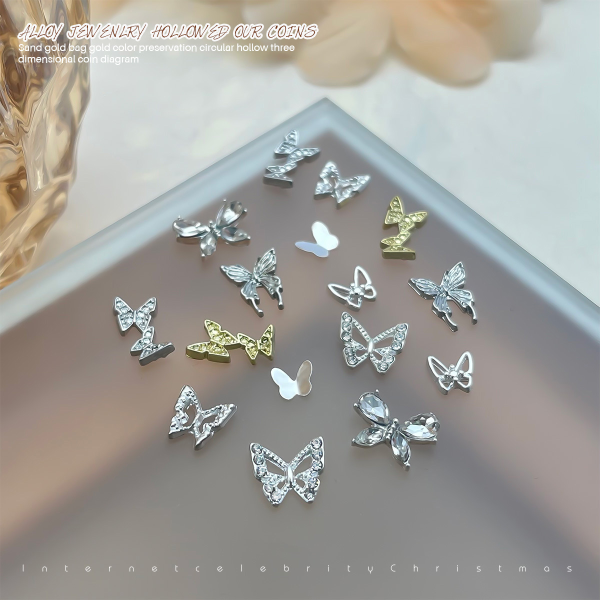 Red mini mariposa de dedo pequeña joyería de manicure super brillante cristal de zircón aleación mariposa accesorios taladro de manicure tridimensional