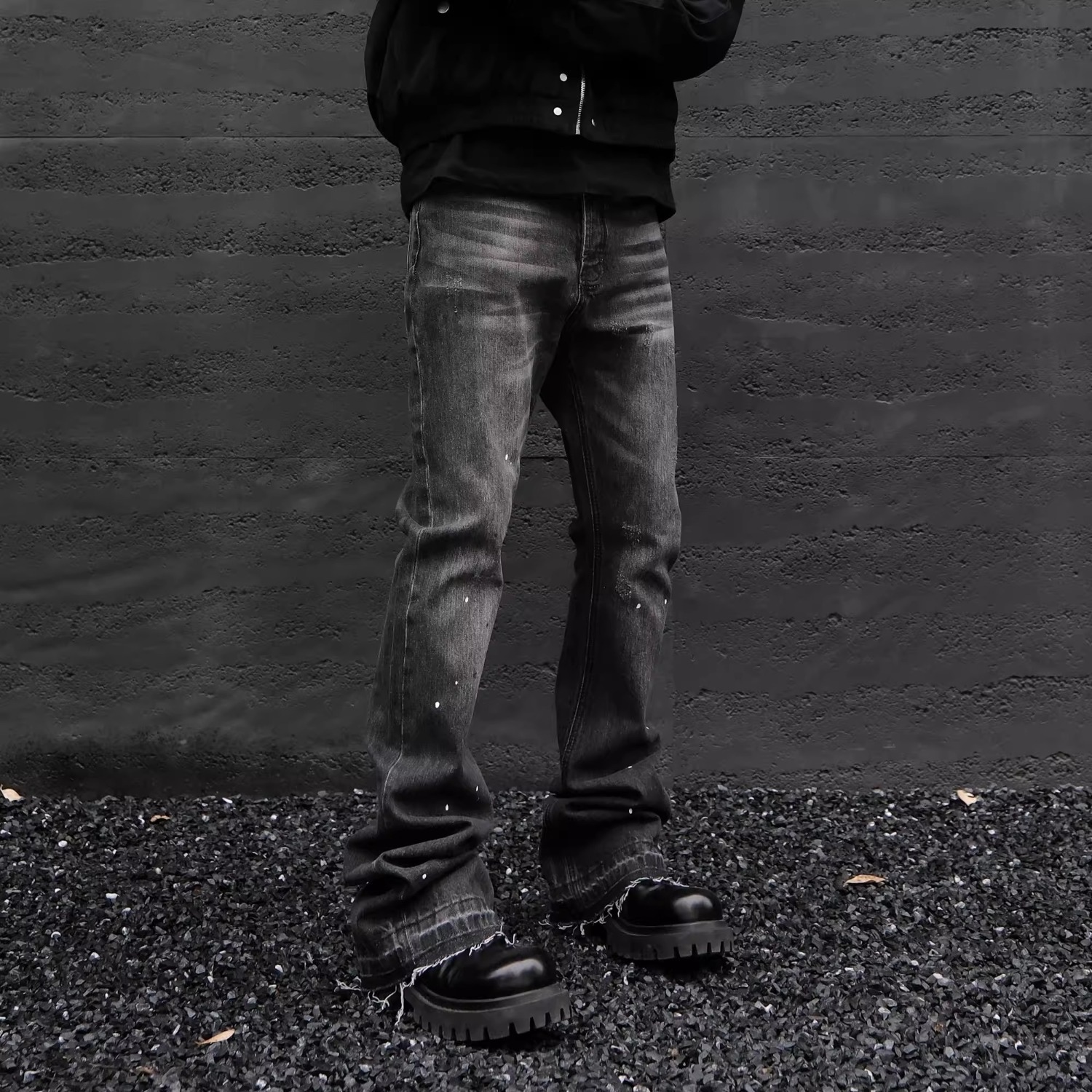 JDKZ Men's Retro Paris Style Ink Splashed Jeans High Street Trendy Brand Straight Leg Slightly Flared Raw Edge Trousers_voghion.com