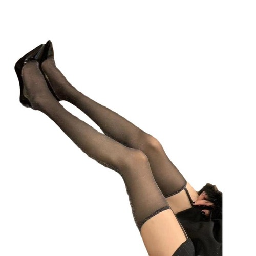 Lingerie lace body stocking with black silk and red floral edge over-the-knee stockings, sheer and seductive