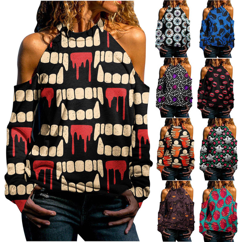 Amazon Cross-Border European and American Clothing Cold Shoulder Long-Sleeved Halloween Series Theme Multi-Color Printed Women's T-Shirts in Stock