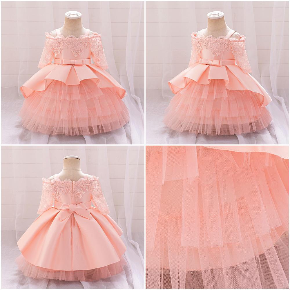 Nuevos productos transfronterizos vestidos de niñas con una línea de hombro, pastel de malla, vestido de aniversario de bebé, vestido de princesa