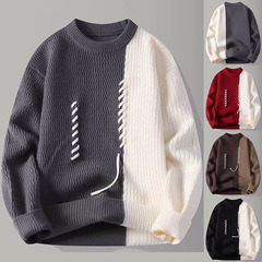 拼接撞色穿绳针织衫毛衣男圆领宽松慵懒风毛线衣潮牌外贸跨境批发