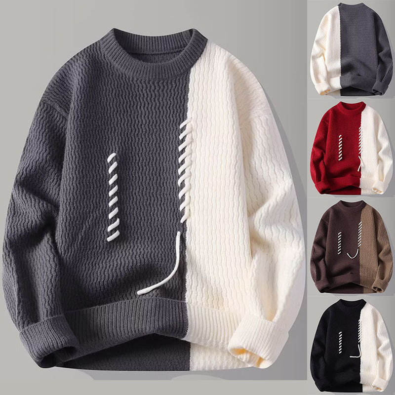 Color-Blocked Drawstring Knit Sweater for Men, Round Neck, Loose Fit, Trendy Brand, Foreign Trade, Wholesale, Old Money Style Color-Blocked Drawstring Knit Sweater for Men, Round Neck, Loose Fit, Trendy Brand, Foreign Trade, Wholesale, Old Money Style