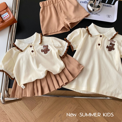 Children's college style summer clothes 0-6 years old summer girls T-shirt bear Polo shirt solid color shorts baby contrasting skirt