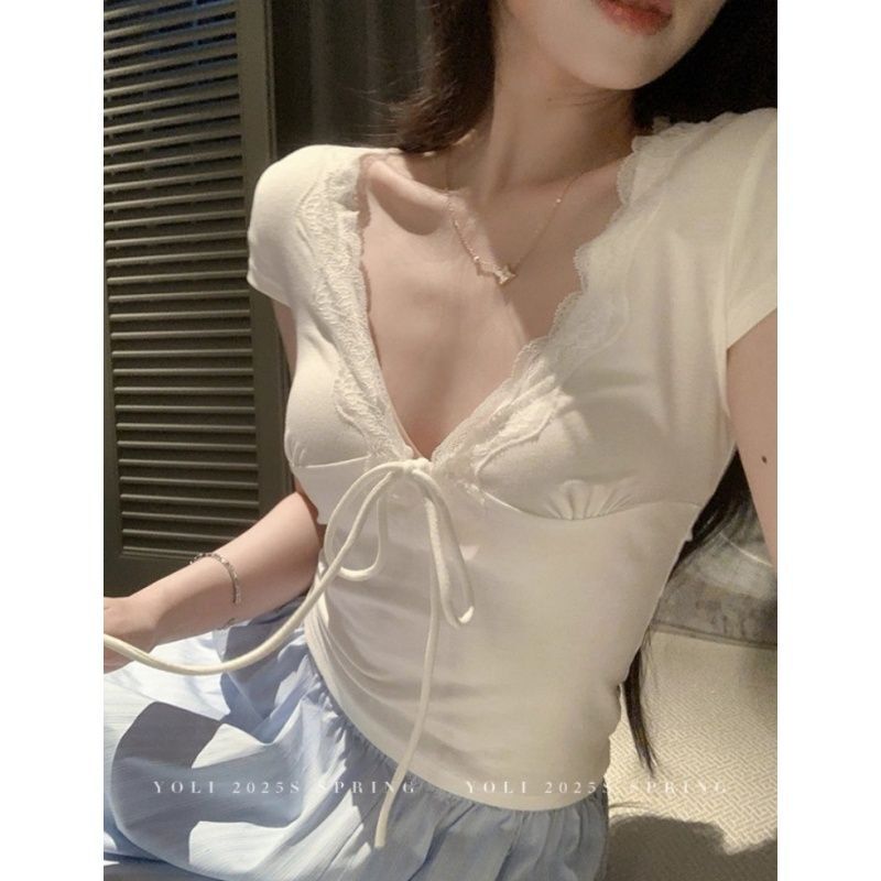 【210克40支纯棉】纯色简约蕾丝拼接V领短袖夏季修身显瘦上衣潮|undefined