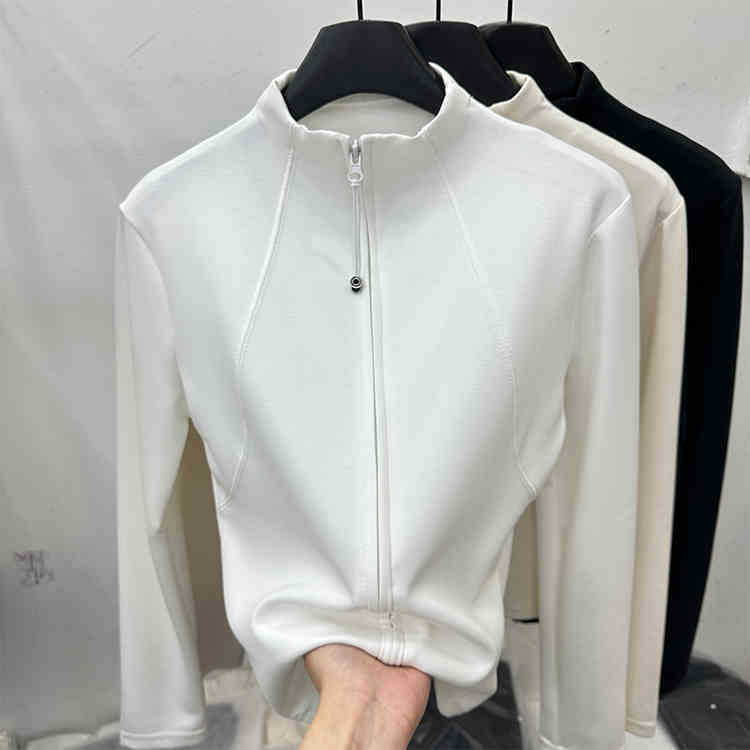 ダブルジッパーカーディガンスタンドカラー長袖Tシャツスウェットシャツデザイン無地万能ボトムシャツレディース春スリムトップ|undefined